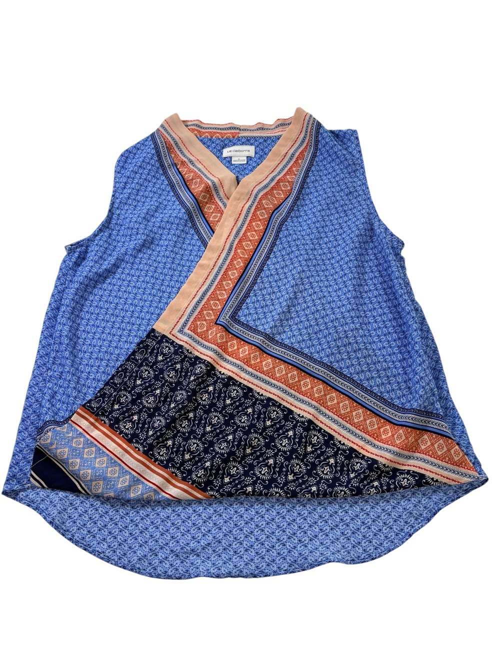 Liz Claiborne Snap Wrap Asymmetric Boho Sleeveless Top Vibrant Patchwork SzL - Picture 7 of 12